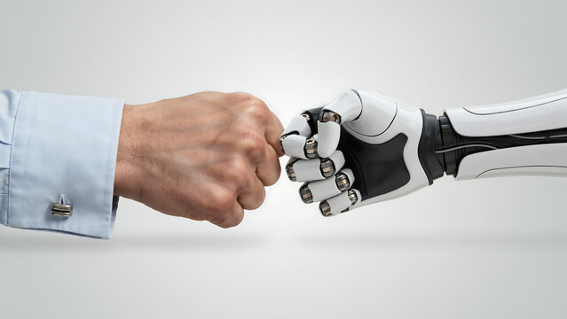 A human hand in a light blue shirt sleeve performing a fist bump with a white robotic hand against a plain light gray studio background