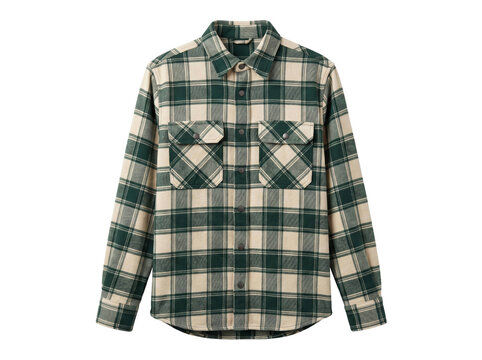 Green and Beige Plaid Flannel Shirt