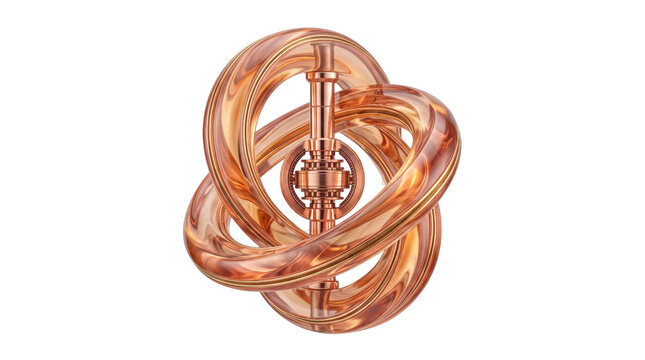 Metallic copper gyroscope mechanism isolated on white background, abstract rose gold brass armillary sphere, modern metallic geometric design object