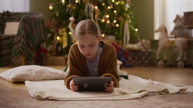 Caucasian girl lying on floor, watching digital tablet near illuminated Christmas tree. Footage suited for holiday entertainment campaigns, gaming apps or seasonal tech commercials