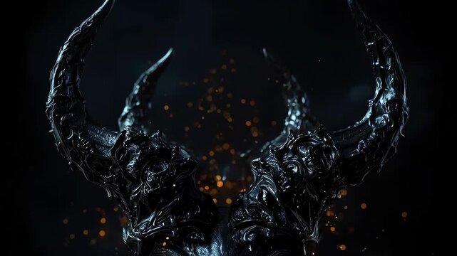 Fantasy Black Horned Armor with Glowing Ember in Darkness, Demonic Silhouette Background