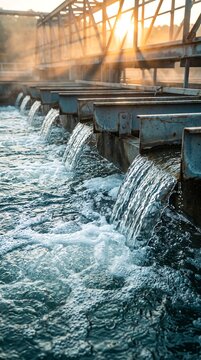 Water Flowing Through Clarifier Tanks at Industrial Wastewater Treatment Plant, Outdoor Sewage Purification Facility with Sunset Sunlight Flare, Clean Water Resource Management