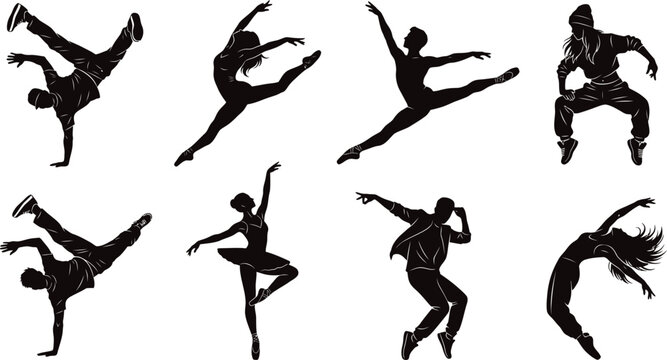 Dance and Performing Arts Silhouette Collection Featuring Ballet Hip Hop Breakdance Leaps and Contemporary Movement Poses