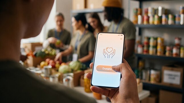 Person Using Smartphone for Online Donation While Volunteering at a Community Food Bank