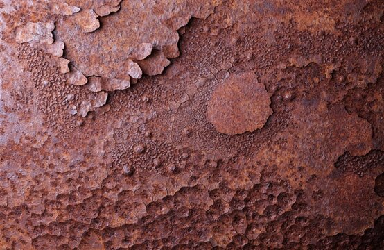 Close-up texture of heavily rusted metal surface with peeling corrosion flakes