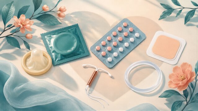 Contraceptive methods arranged in a floral flat lay. Pills, condom, patch, intrauterine device, and ring represent choice. World Contraception Day raises awareness.