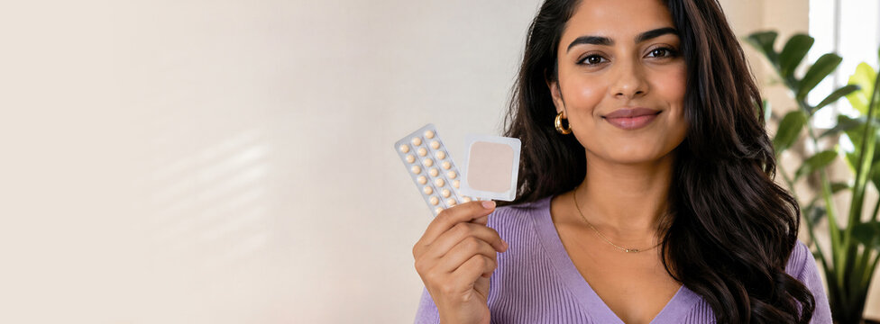 Woman holding birth control pills and a contraceptive patch. Smiling woman poses indoors with copy space and a houseplant. Family planning awareness supports Banner with copy space