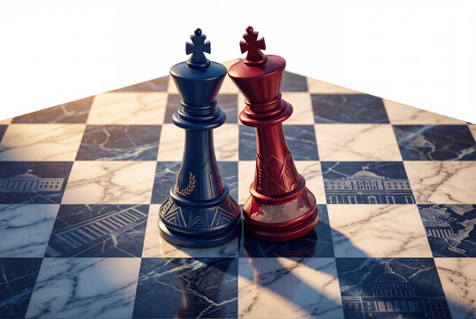 Red and Blue Chess Kings Facing Off on Chessboard Symbolizing US Election Rivalry and Political Competition