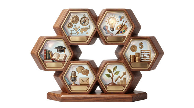 Wooden hexagonal modular display frame with business concepts, strategic planning icon collection, creative development infographic, isolated white background