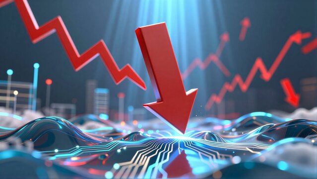 Red arrows plunge into digital circuitry, symbolizing market decline and technological disruption.