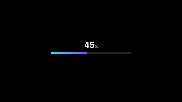 Minimal dark UI progress bar animation showing neon gradient loading indicator from zero to hundred percent with digit counter and green complete checkmark badge on solid pitch black backdrop