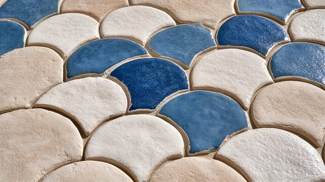 Handmade ceramic tiles in blue and cream scallop pattern