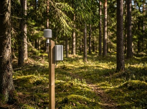 Automated meteorological sensor on a wooden post in a dense forest setting with weather station forest environment data collection environmental research climate trac