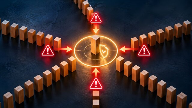 Centralized glowing security shield defending against multiple converging domino threat vectors with red alert indicators