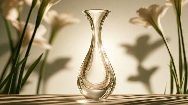 Elegant translucent vase with spring flowers and soft shadows