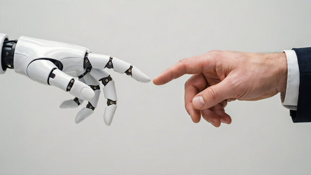 A white robotic hand pointing its index finger towards a human finger in a gesture of connection against a plain light gray background