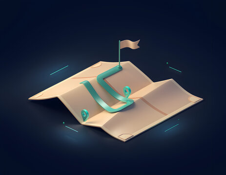 3D isometric map illustration with a route, location pins, and a flag, symbolizing travel, navigation, and destination planning on a dark background