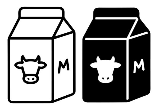 Black and white vector illustration of two milk cartons with cow head icons and letter M