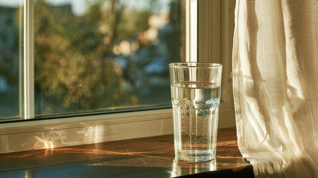 Glass of Water by Window with Cotton Curtain Summer Care Background