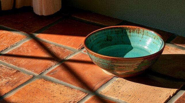 Turquoise ceramic bowl on cool tiled floor in summer shade