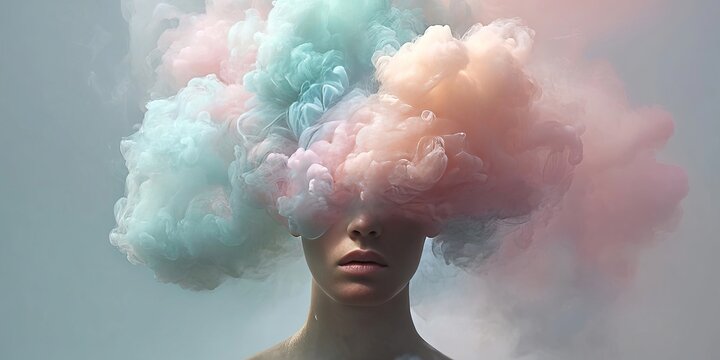 Abstract Conceptual Portrait of a Woman with Pastel Colored Smoke Clouds Representing Emotions.