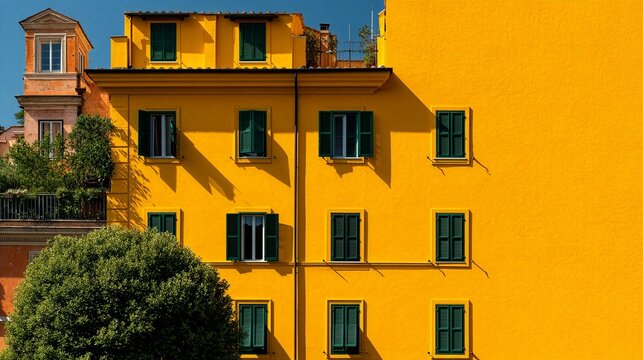 Bright yellow building exterior with green shutters and summer heat protection