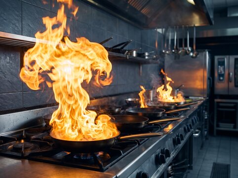 Professional Chef Cooking with Fire in Commercial Kitchen: Flaming Pans on Gas Stove, Restaurant Culinary Action, Intense Heat, Gourmet Food Preparation and Restaurant Equipment.