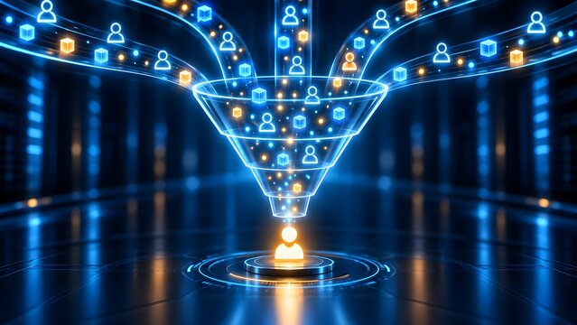 Glowing digital sales funnel illustrating lead generation and customer conversion process with data particles and user icons