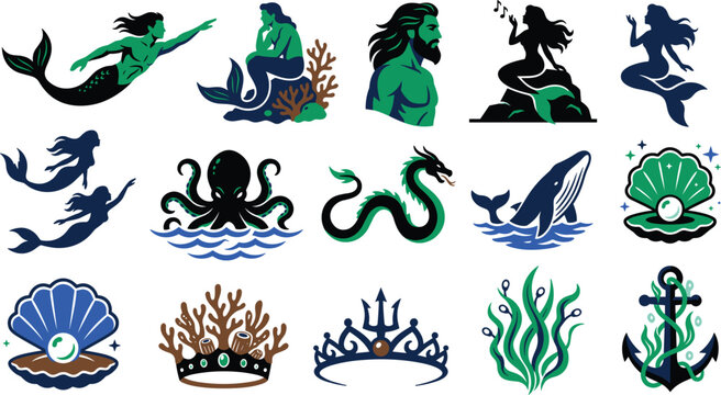 Mystical ocean folklore figures featuring merman mermaid siren kraken sea serpent whale pearl clam tiara trident anchor