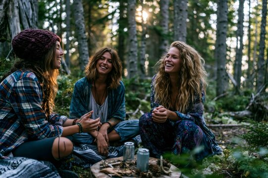 Young women friends laughing enjoying nature in forest