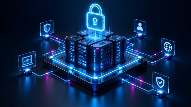 Glowing digital padlock hovering above a central server cluster connected to security icons illustrating advanced cybersecurity and encrypted data center protection