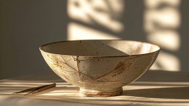 Broken Handmade Ceramic Bowl with Kintsugi Gold Repair