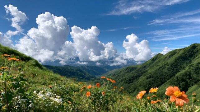 Lush green mountainside with orange flowers under blue sky