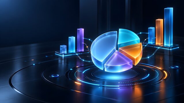 Glowing colorful 3D pie chart and bar graphs on a dark futuristic digital interface illustrating advanced financial data analytics and virtual market research