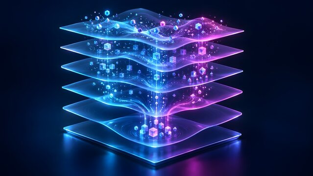 Glowing neon 3D layered data architecture with floating cubes and flowing particles illustrating artificial intelligence and deep learning processing