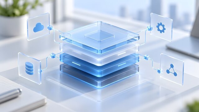 Clean transparent layered software architecture on a white office desk connecting to digital icons illustrating cloud computing and data integration