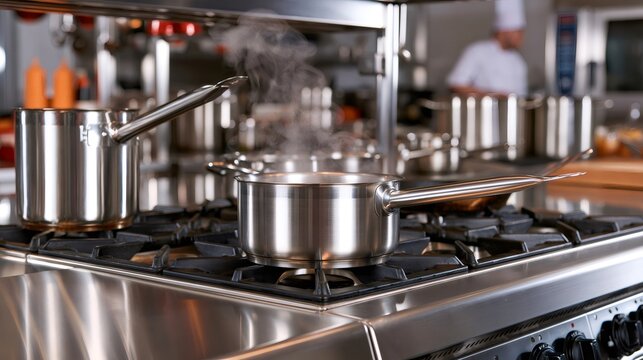 Cooking pots steaming on stove in professional kitchen