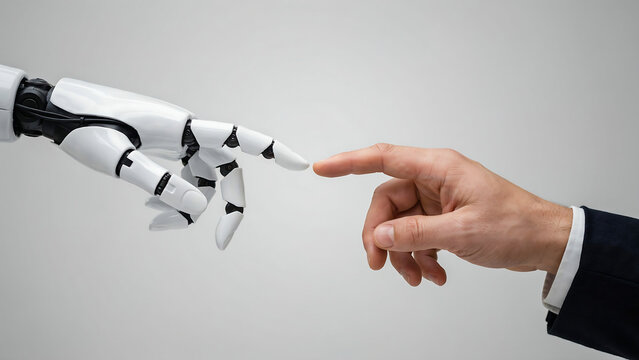 A white robotic hand pointing its index finger towards a human finger in a gesture of connection against a plain light gray background