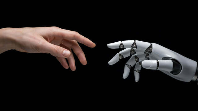 Close up of a human hand reaching out towards a white robotic hand against a dark black background, representing artificial intelligence contact