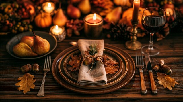 Thanksgiving Table Setting with Linen Napkin and Autumn Decor