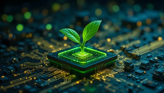 small green sprout growing out of computer central processor on circuit board showing eco tech startup growth