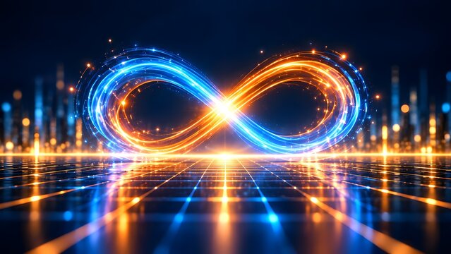 Glowing infinity symbol made of dynamic blue and orange light trails on a futuristic digital grid floor