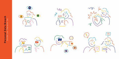 Obraz premium Personal data breach concept. Colorful doodle line character set illustrating privacy risk, surveillance, hacking and identity theft.
