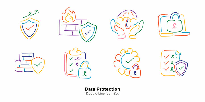 Data protection concept. Colorful doodle line icon set illustrating shield, firewall, lock, checklist and cyber security themes.