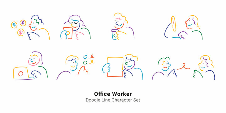 Office worker concept. Colorful doodle line character set illustrating coffee break, coworking, meeting and conversation themes.