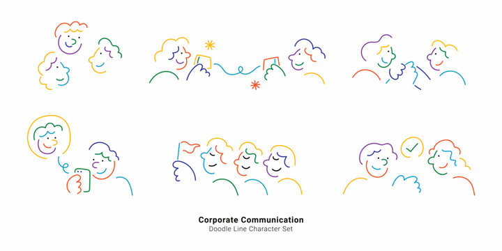 Corporate communication concept. Colorful doodle line character set illustrating teamwork, conversation, messaging and group discussion.
