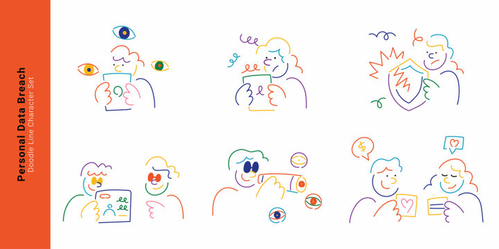 Personal data breach concept. Colorful doodle line character set illustrating privacy risk, surveillance, hacking and identity theft.