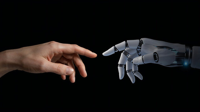 Close up of a human hand reaching out towards a white robotic hand against a dark black background, representing artificial intelligence contact