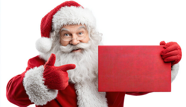 Santa Claus holds a red gift box and points while celebrating Christmas in a festive atmosphere