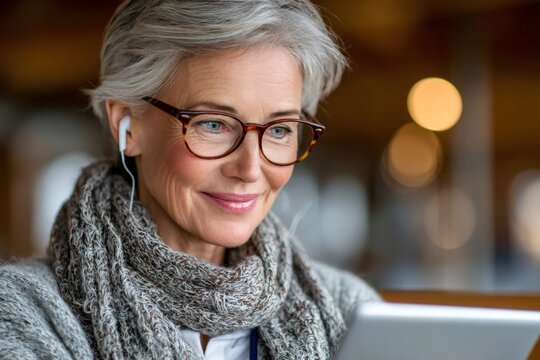 Senior woman enjoying media on tablet with earphones